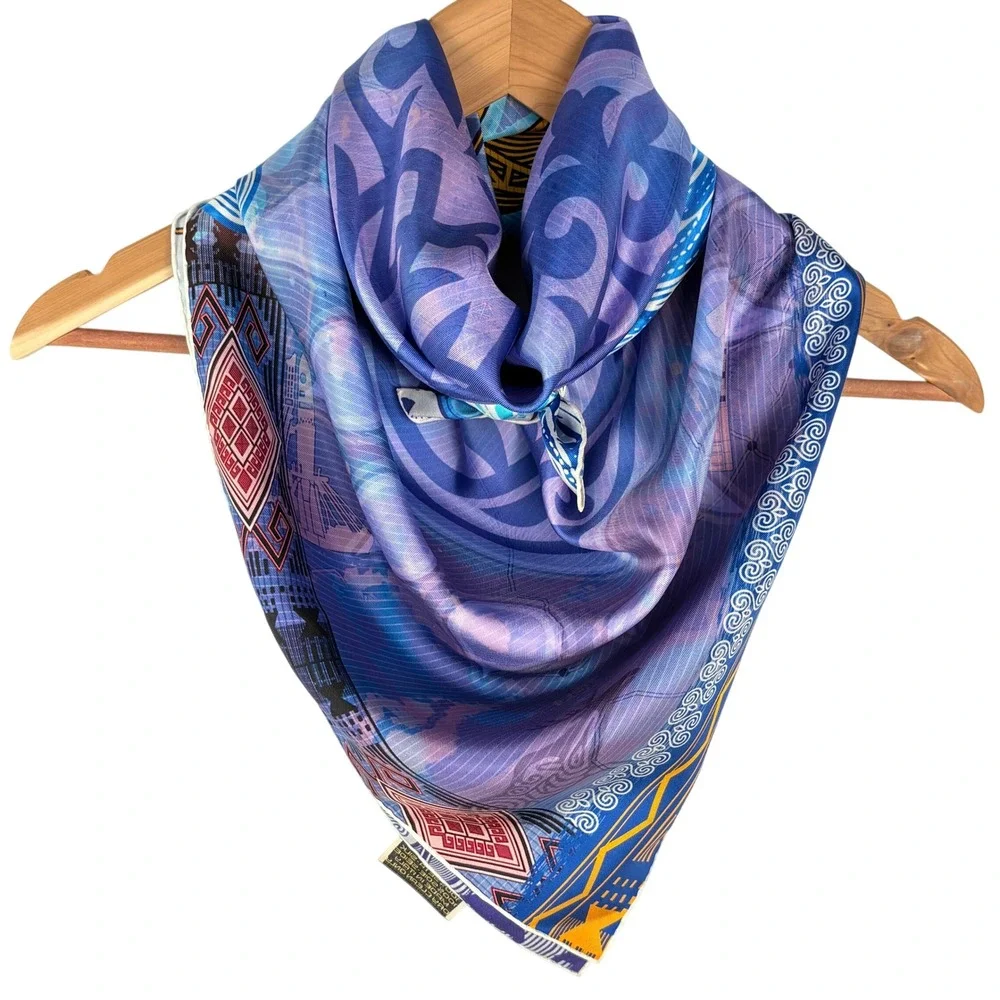 NWOT Empire of Kazakhstan Silk Scarf 35 X 35 Blue Geometric Luxury Gift Italy